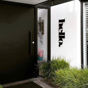 Outdoor Wall Art NZ made.  Large steel Hello Word Sign at front door by LisaSarah Steel Designs. 