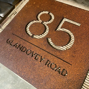 Large square modern address sign idea.  New Zealand made. corten steel. 