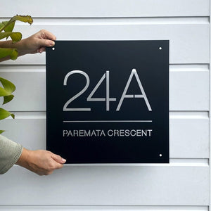 House Number sign.  NZ made, large black square number in steel for outdoors. 