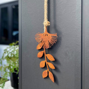 Close up of LisaSarah Steel Design's Corten Steel Pohutukawa Art for Garden Wall or Fence. 