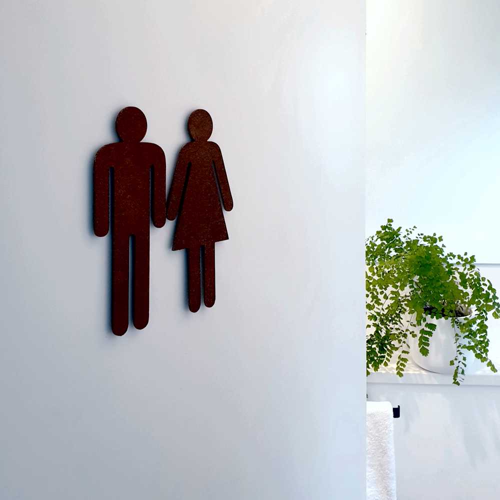 corten steel bathroom symbols - LisaSarah Steel Designs NZ